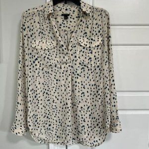 Ann Taylor Camp Shirt, Cream and Teal Spotted Blouse, Size S